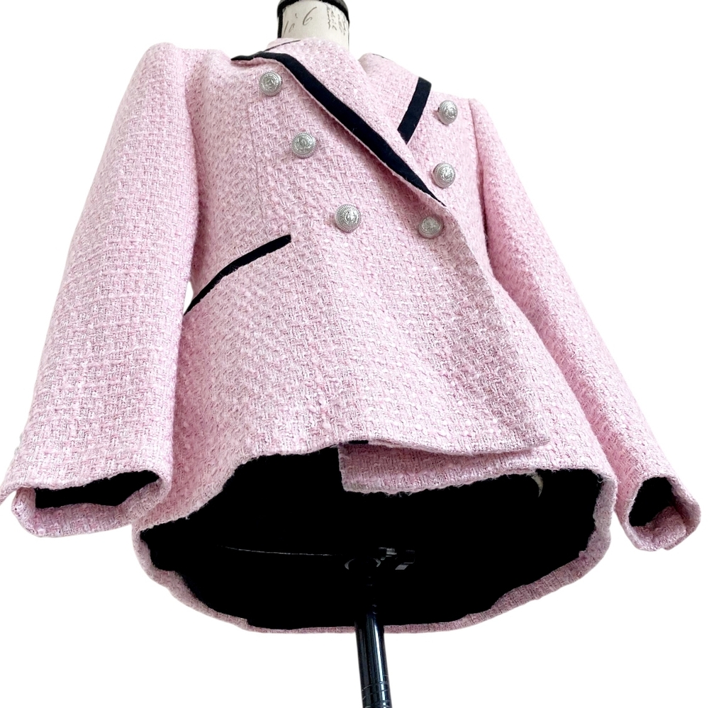 SOLD Zara Tweed pink Double Breasted Blazer Jacket L Structured contrast Black - Picture 7 of 17